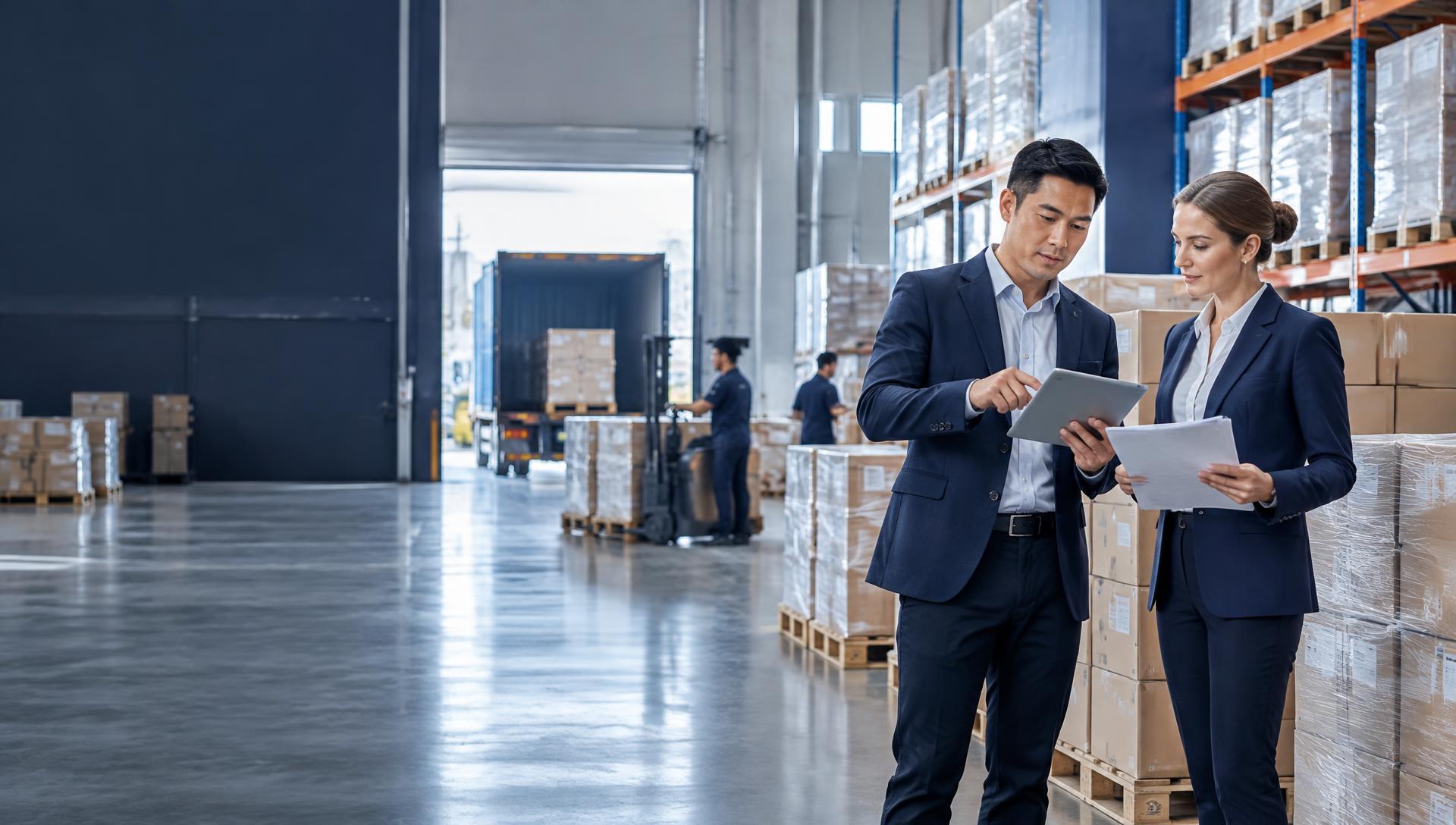 Wholesale sourcing specialists coordinating products in a logistics warehouse